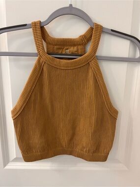 aerie Superchill Seamless High Neck Bra Top in Carmel color